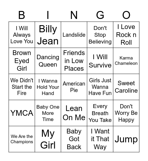 Sing Along Songs Bingo Card
