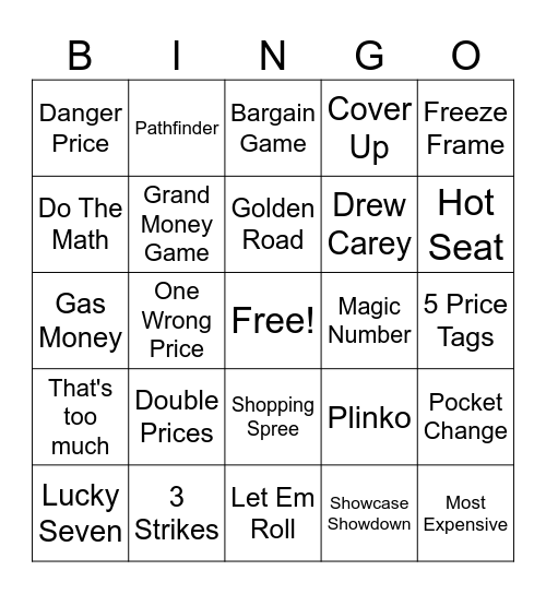 Price is Right Bingo Card