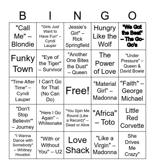 80s Song Titles Bingo Card
