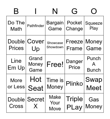 Price is Right Bingo Card