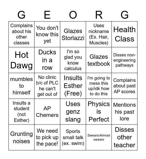 George Lafayette Eastburn 3 Bingo Card