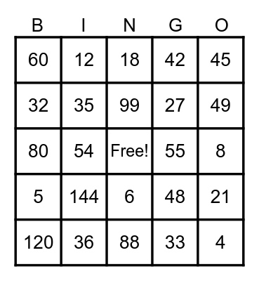 Multiplication Bingo Card