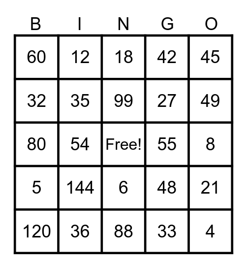 Multiplication Bingo Card