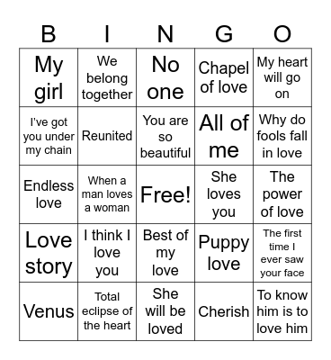 Love Songs Bingo Card