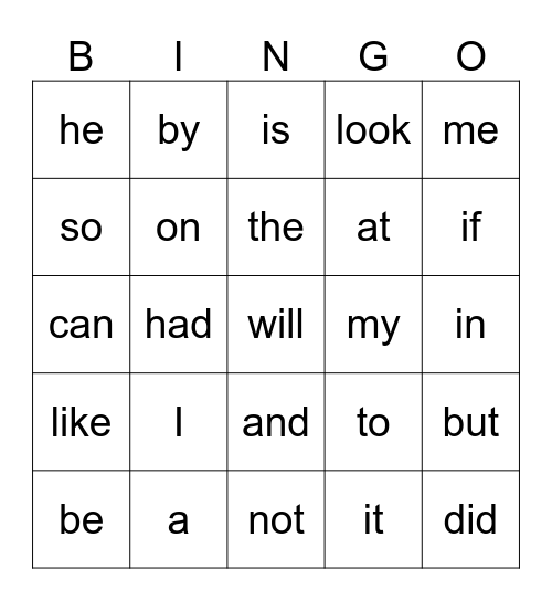 Kindergarten Words (1st 25 Words) Bingo Card