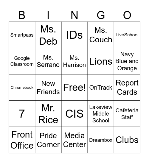 Middle School Transition Bingo Card