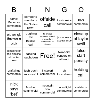 SuperBowl Bingo 2025 Bingo Card