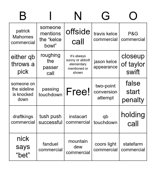 SuperBowl Bingo 2025 Bingo Card