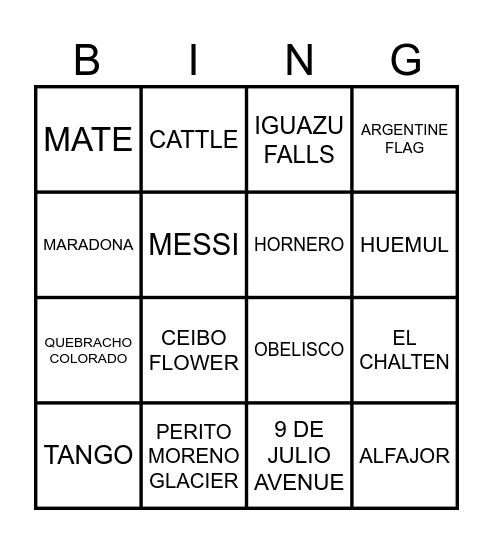 ARGENTINA Bingo Card