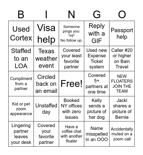 Floater Team Bingo Card