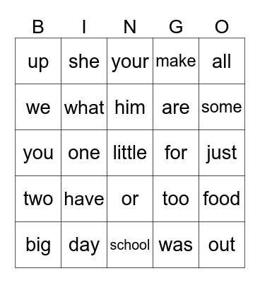 Kindergarten Words (Second 25 Words) Bingo Card