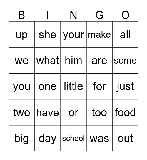 Kindergarten Words (Second 25 Words) Bingo Card