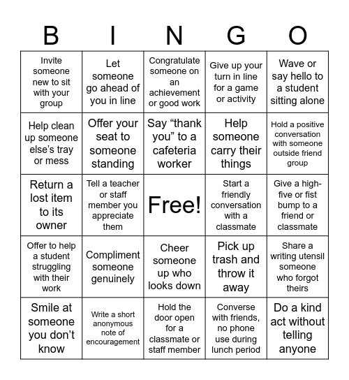 Kindness Bingo Card