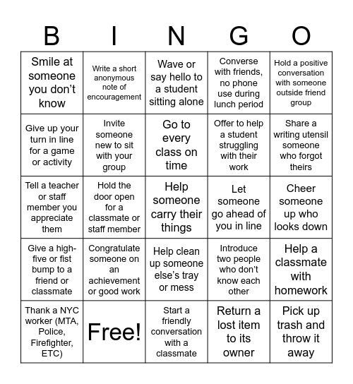 Kindness Bingo Card