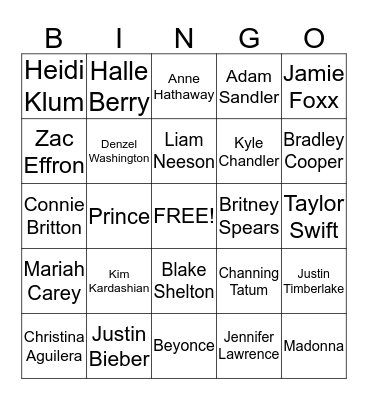 Celebrity Bingo Card