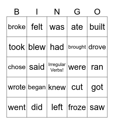 Irregular Verbs Bingo Card