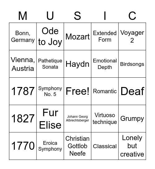 Beethoven Bingo Card