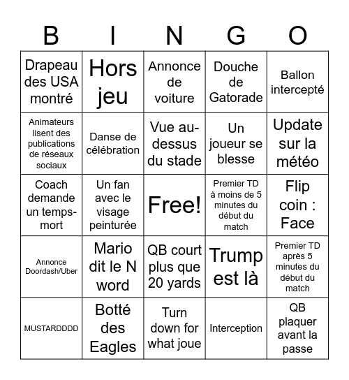 Superbowl 2025 Bingo Card