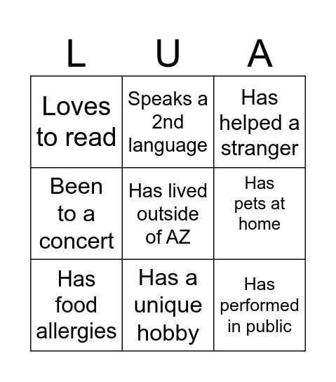 Level Up Academy Bingo Card