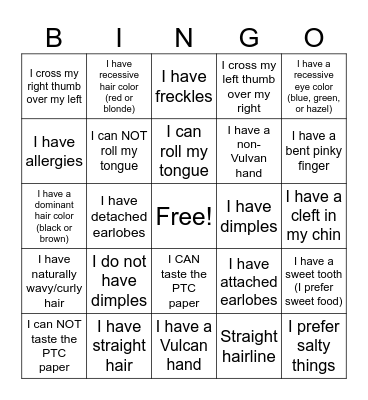 Genetic Traits Bingo Card