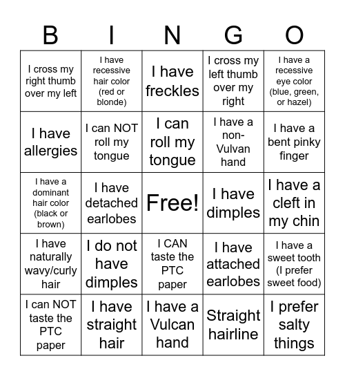 Genetic Traits Bingo Card