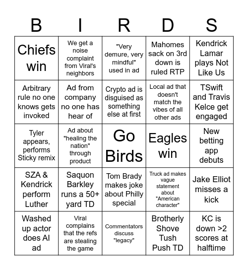 Superb Owl Bingo Card