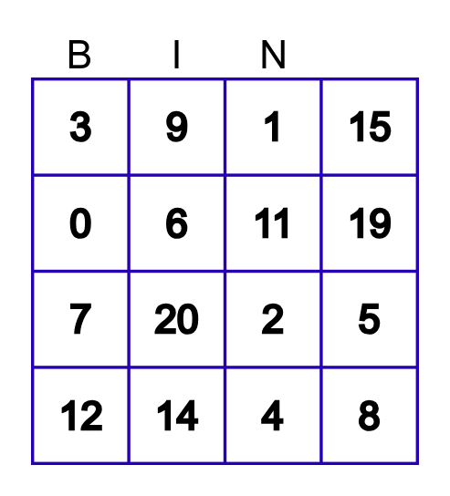 Numbers in English Bingo Card