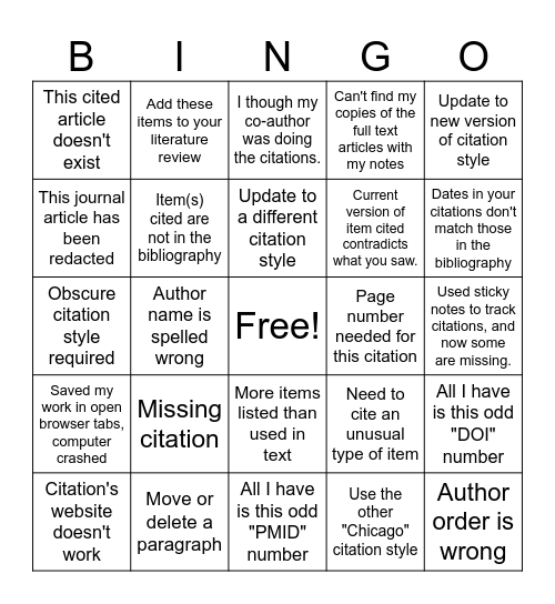 Citation Management Bingo Card
