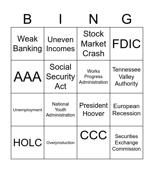 Great Depression and New Deal Bingo Card