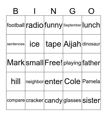 Syllable Bingo Card