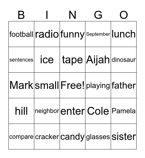 Syllable Bingo Card