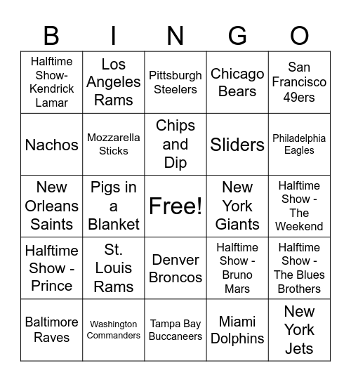 Super Bowl Bingo Card