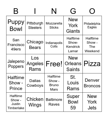 Super Bowl Bingo Card