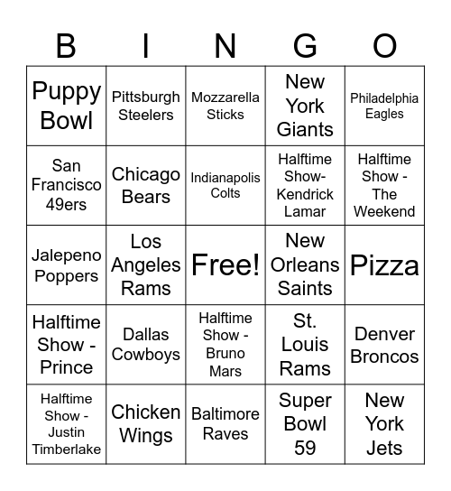 Super Bowl Bingo Card