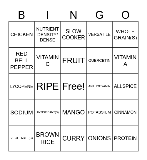 Nutrition Bingo Card
