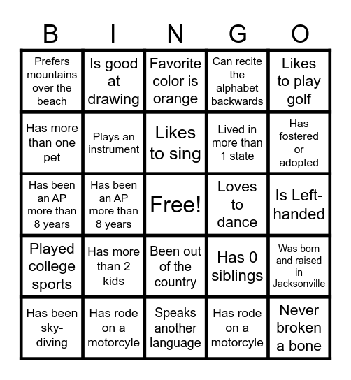 Building Connections Bingo Card