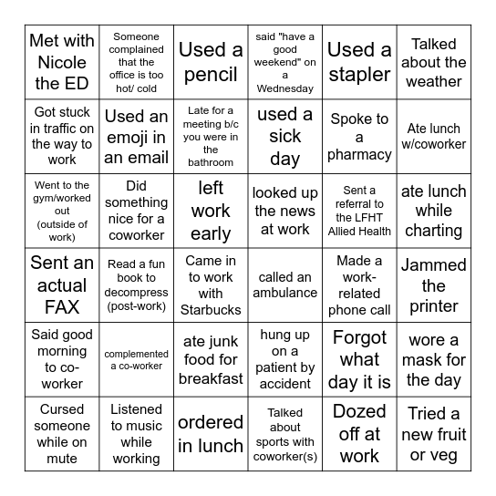 LFHT Workplace Bingo Card