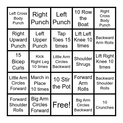 Upper Extrimity Exercise Bingo Card