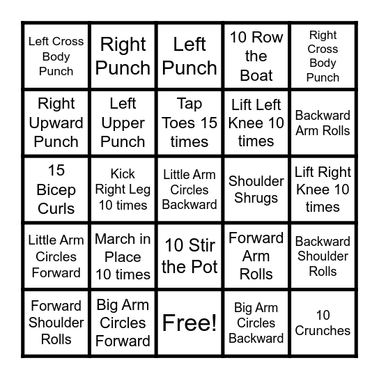 Upper Extrimity Exercise Bingo Card