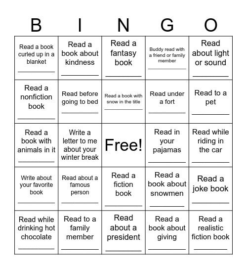 Winter Break Reading Bingo Card