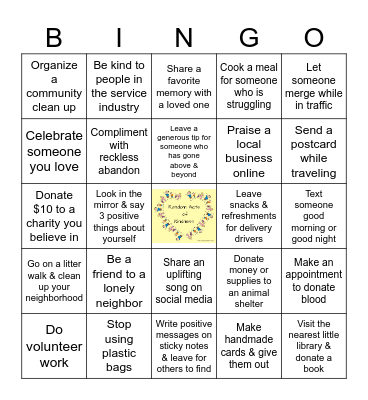 Random Acts of Kindness Bingo Card