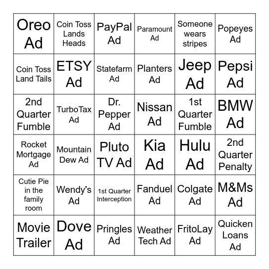 SUPER BOWL 2025 Bingo Card