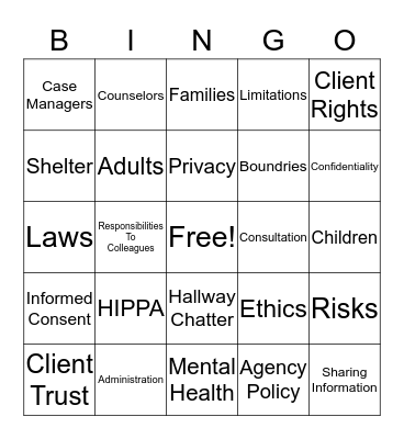 HIPPA  and Confidentiality Bingo Card