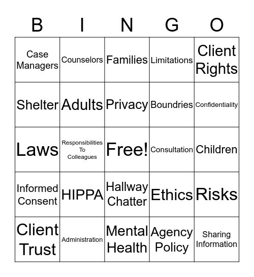 HIPPA  and Confidentiality Bingo Card