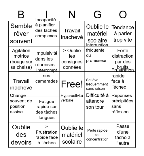 “Repérer le TDAH chez Albert” Bingo Card