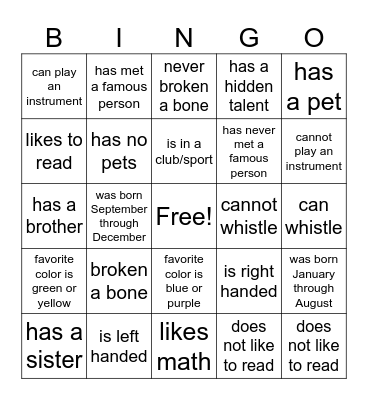 Friendship Bingo Card