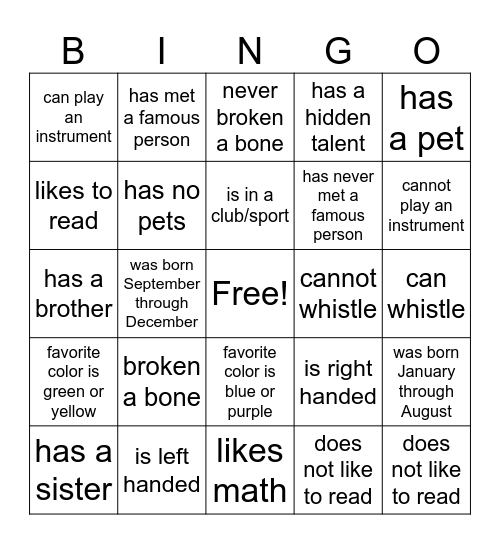 Friendship Bingo Card