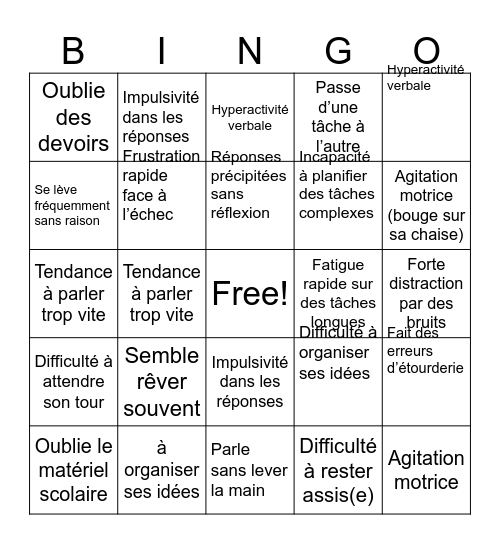 “Repérer le TDAH chez Albert” Bingo Card