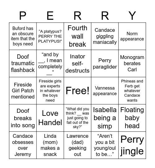 Phineas and Ferb Bingo Card