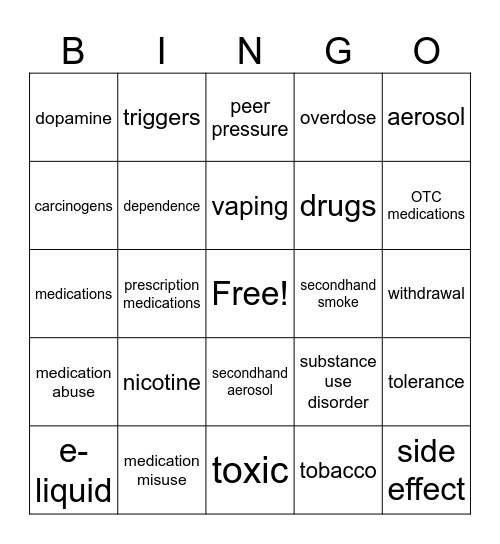 Alcohol, Tobacco, & Other Drugs Bingo Card